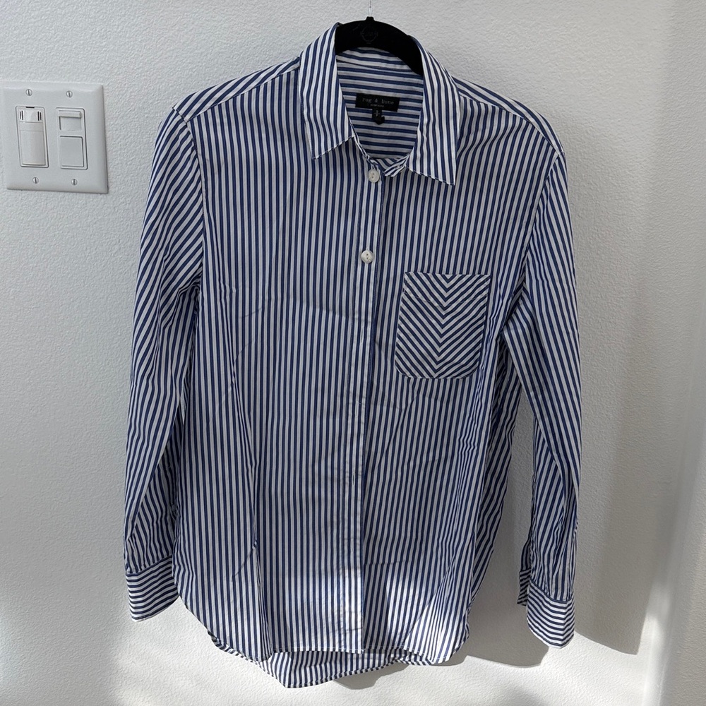 rag & bone Navy and White Striped Button Down Shirt